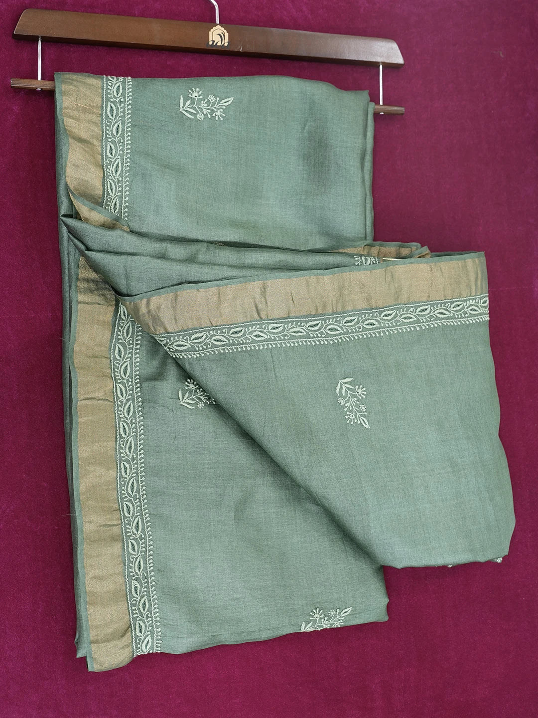 Ada Hand Embroidered Pine Green Silk Lucknowi Chikankari Saree with Blouse 01A470281