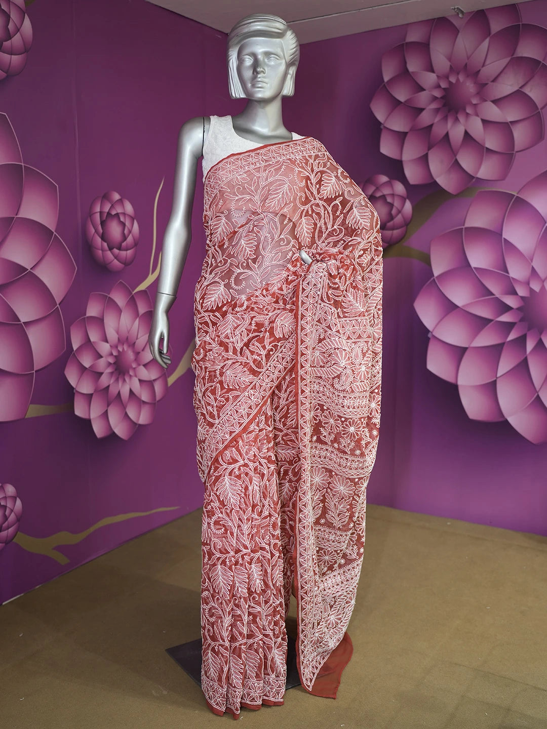 Ada Hand Embroidered Red Georgette Lucknowi Chikankari Saree With Blouse 01A113218