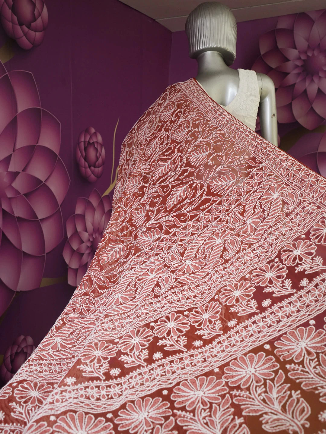 Ada Hand Embroidered Red Georgette Lucknowi Chikankari Saree With Blouse 01A113218