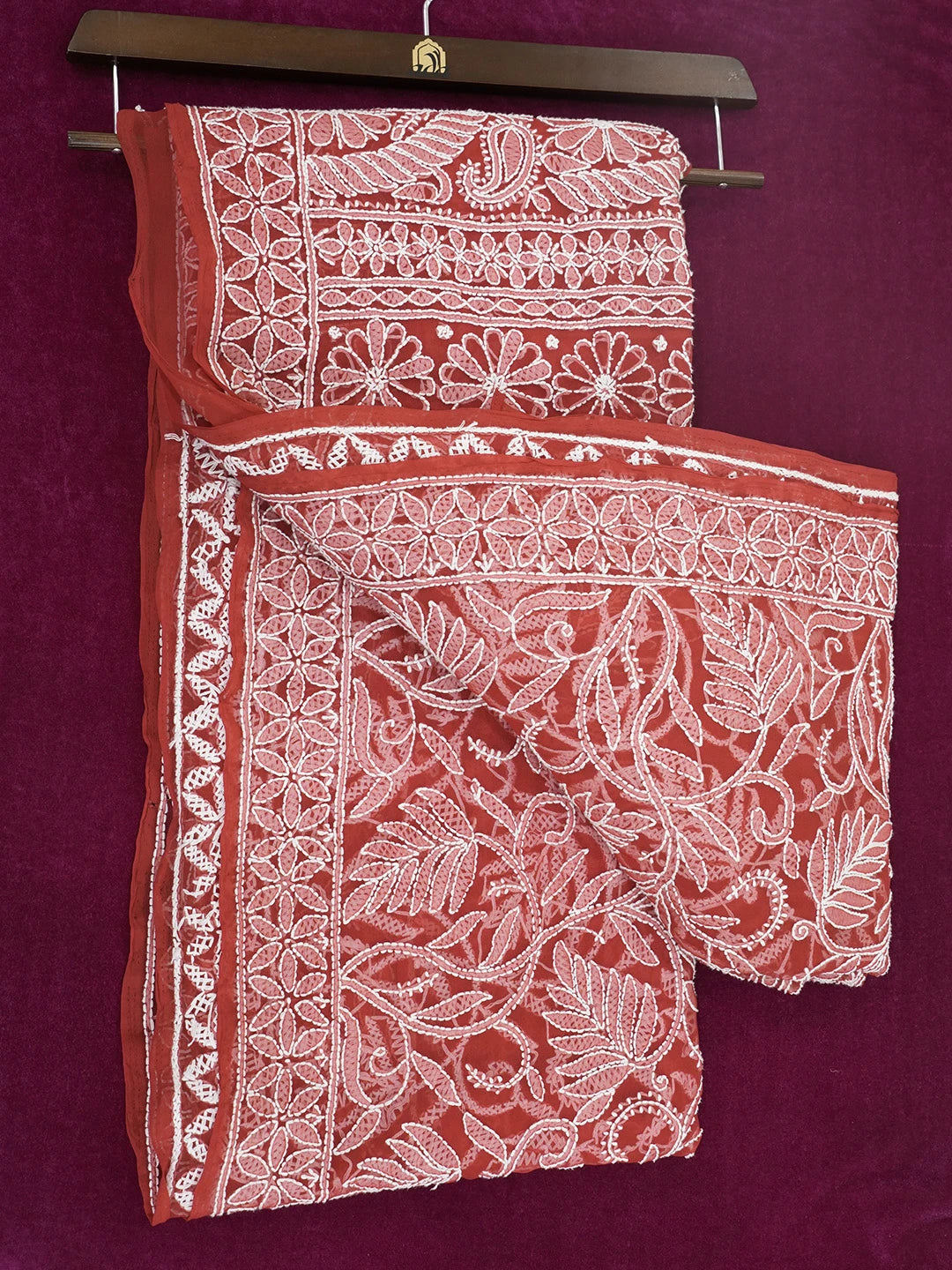 Ada Hand Embroidered Red Georgette Lucknowi Chikankari Saree With Blouse 01A113218