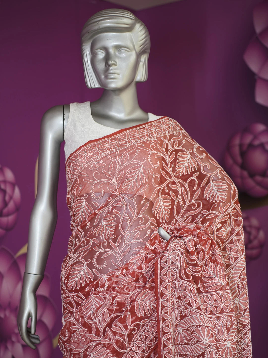 Ada Hand Embroidered Red Georgette Lucknowi Chikankari Saree With Blouse 01A113218