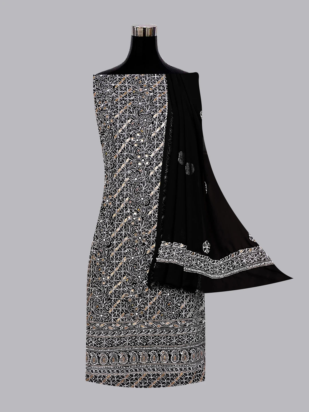 Ada Hand Embroidered Black Georgette Lucknowi Chikankari Unstitched Suit Piece With Zari Work 01A470604