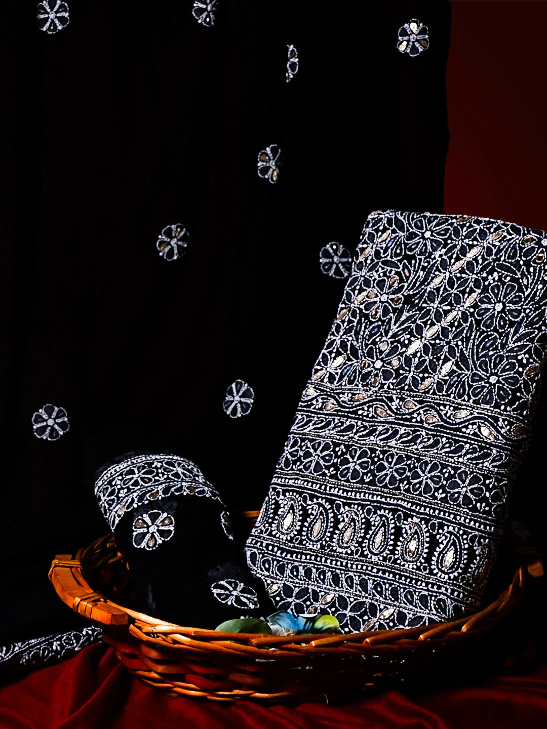 Ada Hand Embroidered Black Georgette Lucknowi Chikankari Unstitched Suit Piece With Zari Work 01A470604