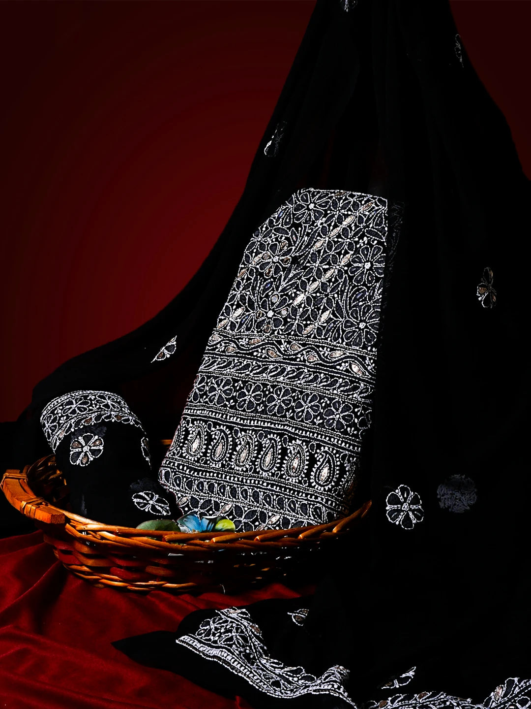 Ada Hand Embroidered Black Georgette Lucknowi Chikankari Unstitched Suit Piece With Zari Work 01A470604