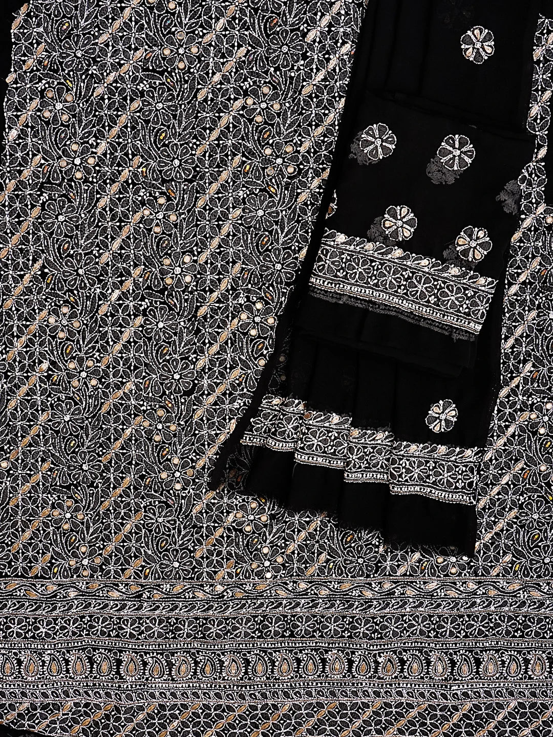 Ada Hand Embroidered Black Georgette Lucknowi Chikankari Unstitched Suit Piece With Zari Work 01A470604