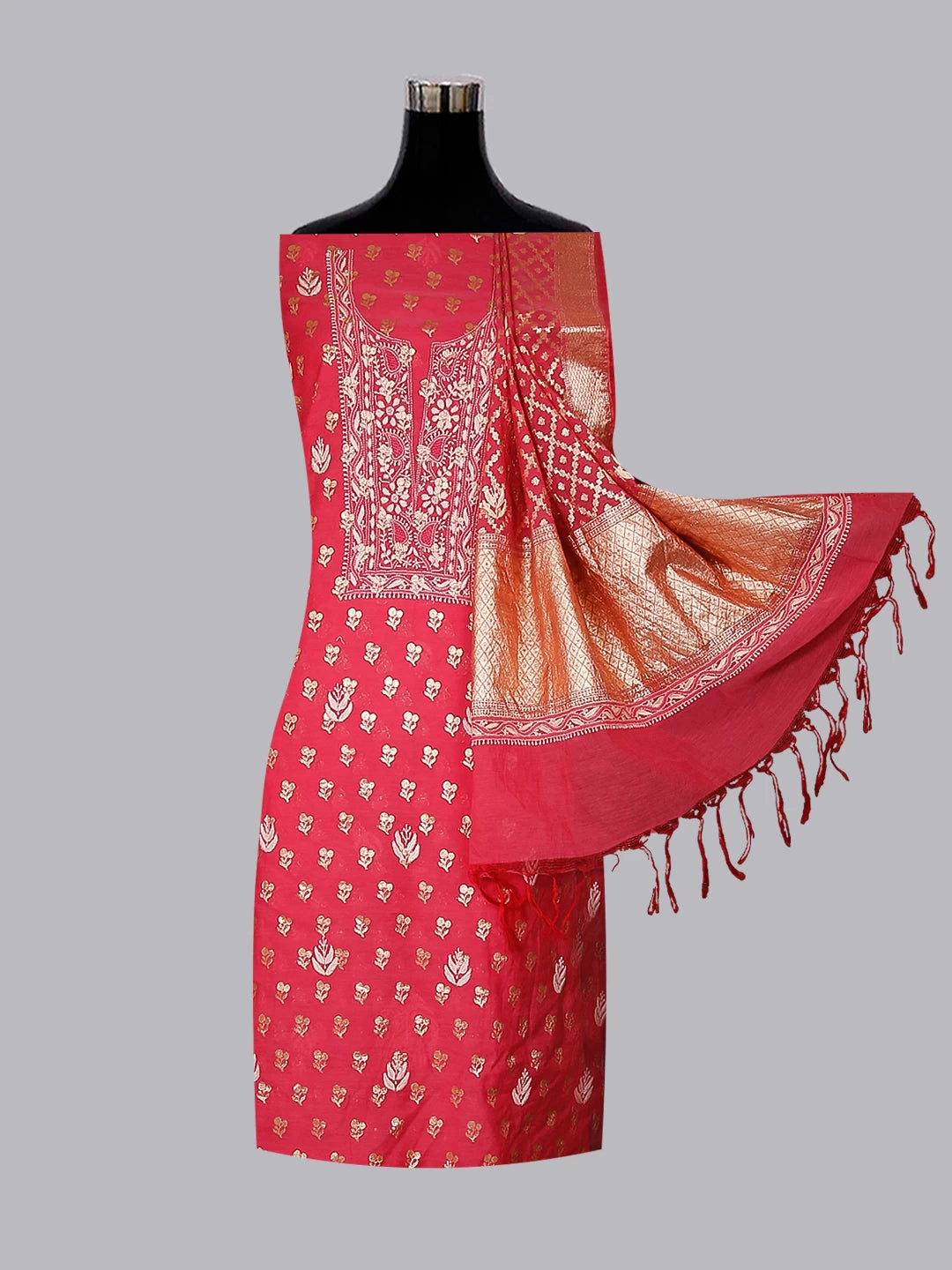 Ada Hand Embroidered Carrot Pink Chanderi Lucknowi Chikankari Unstitched Kurta Dupatta Set 01A511962