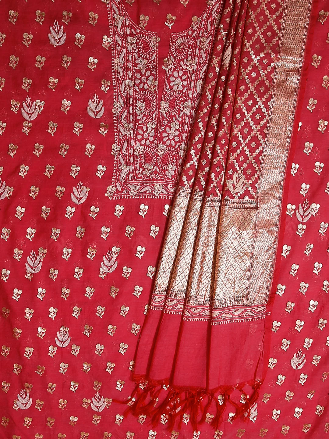 Ada Hand Embroidered Carrot Pink Chanderi Lucknowi Chikankari Unstitched Kurta Dupatta Set 01A511962