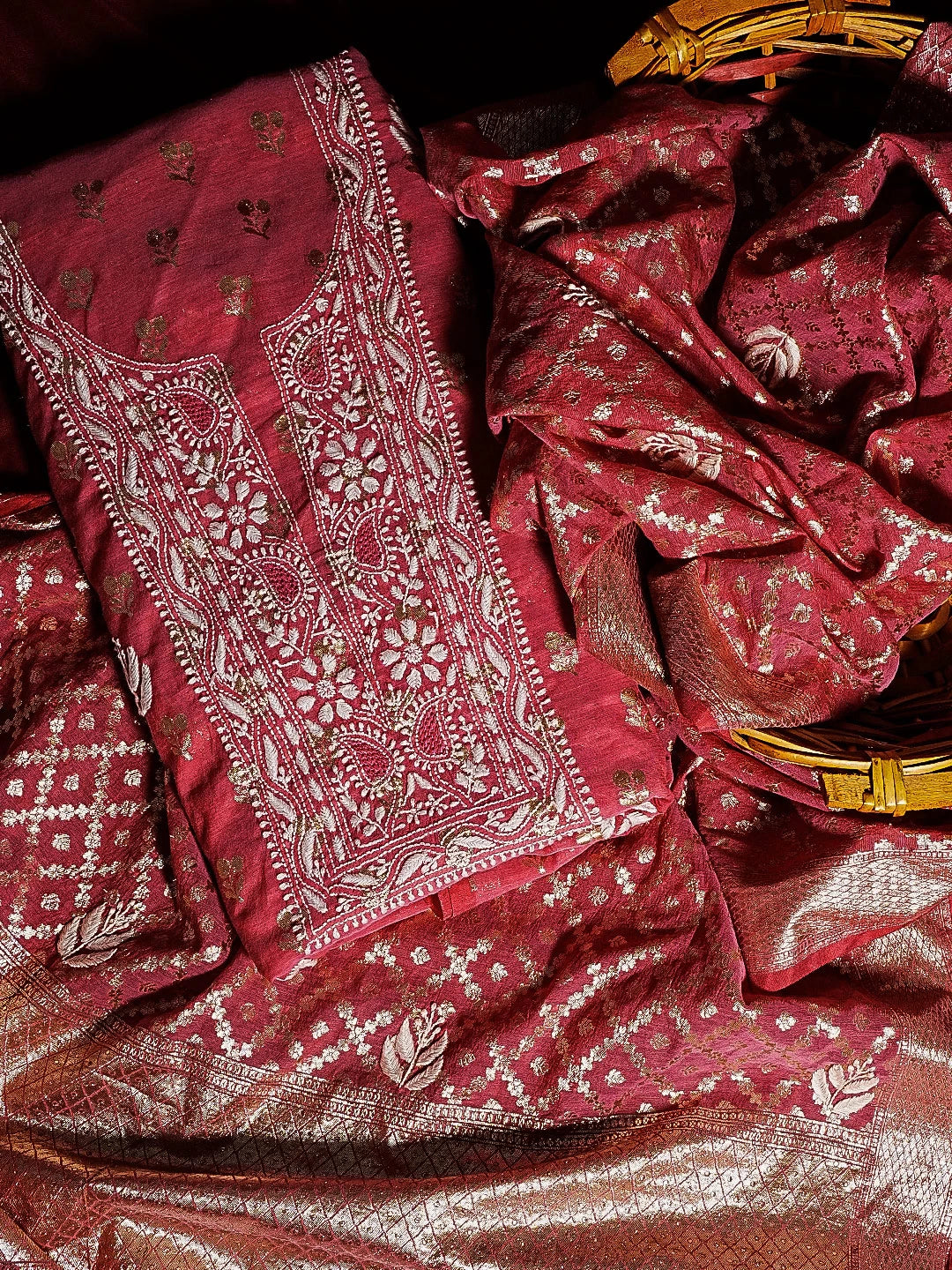 Ada Hand Embroidered Carrot Pink Chanderi Lucknowi Chikankari Unstitched Kurta Dupatta Set 01A511962