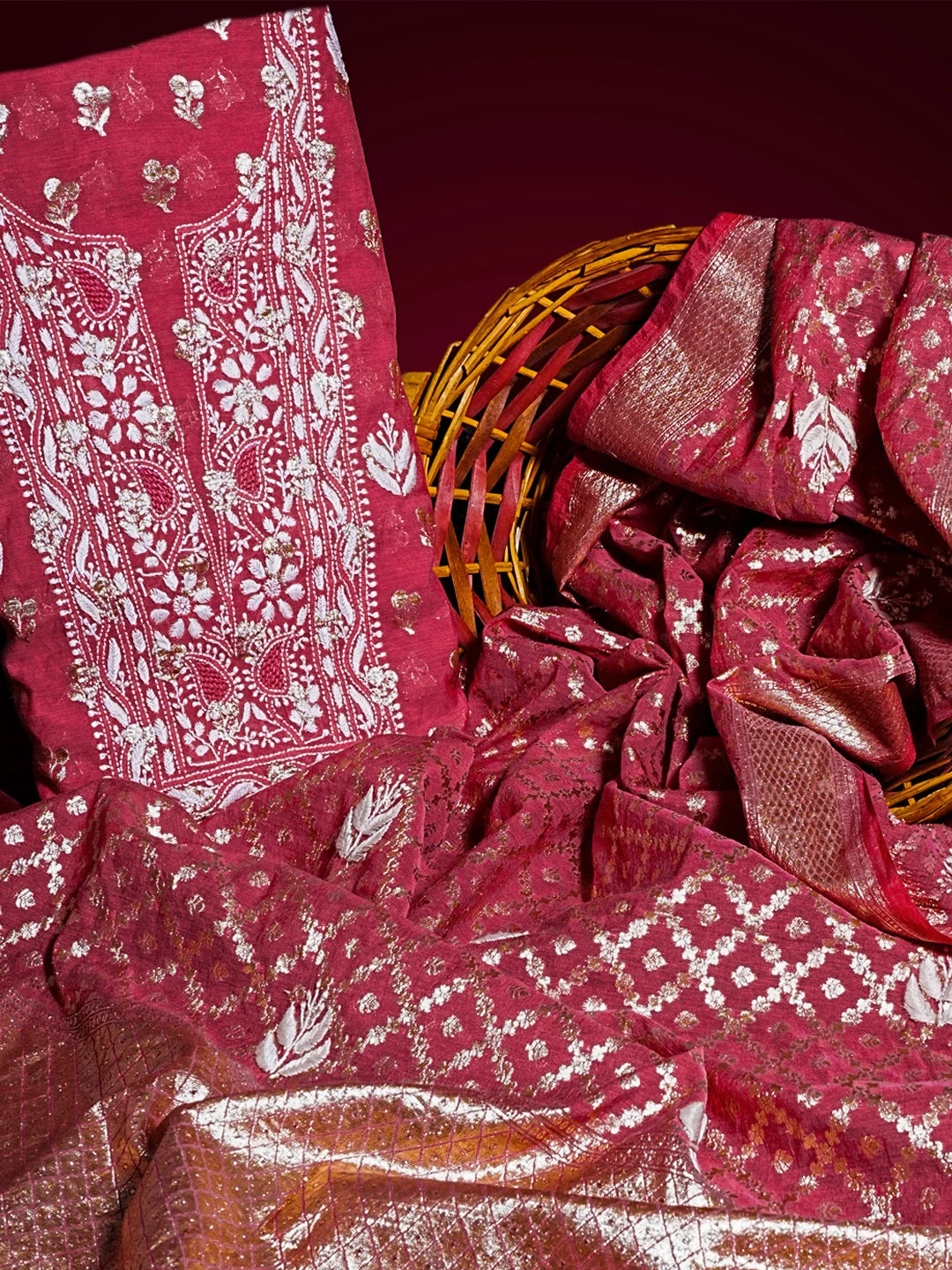 Ada Hand Embroidered Carrot Pink Chanderi Lucknowi Chikankari Unstitched Kurta Dupatta Set 01A511962
