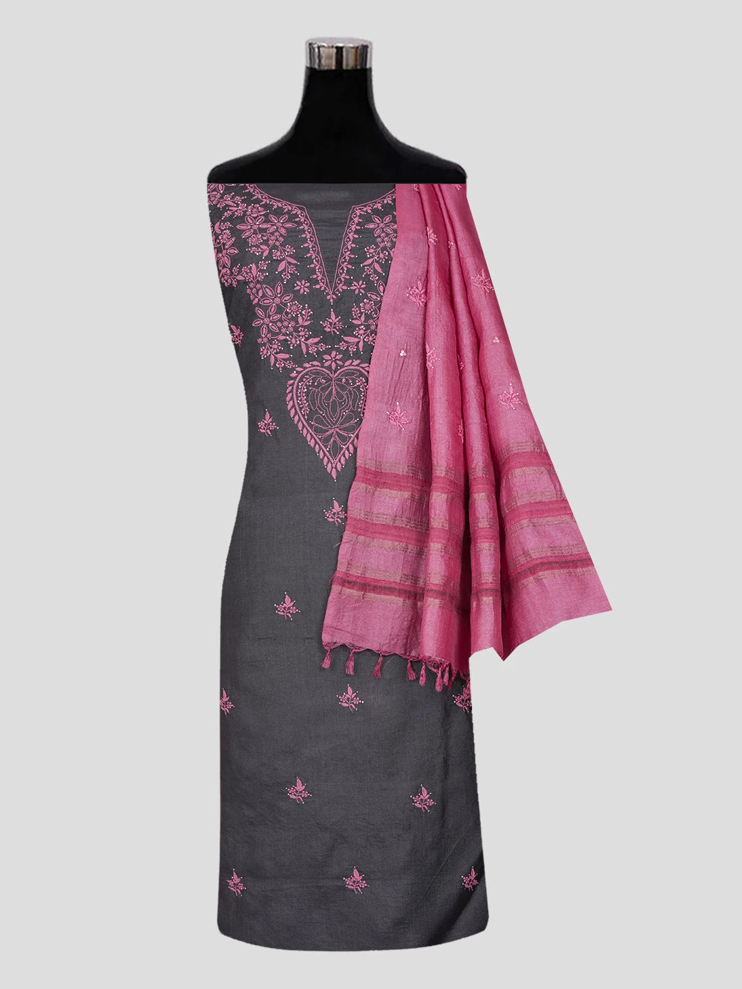 Ada Hand Embroidered Black Silk Lucknowi Chikankari Unstitched Suit Piece with Muqaish Work 01A338932