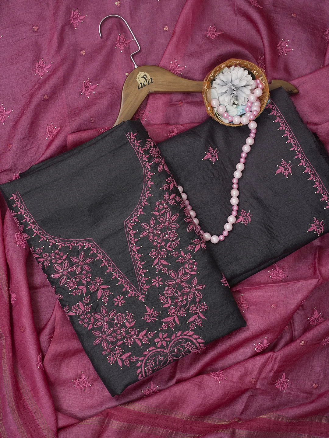 Ada Hand Embroidered Black Silk Lucknowi Chikankari Unstitched Suit Piece with Muqaish Work 01A338932
