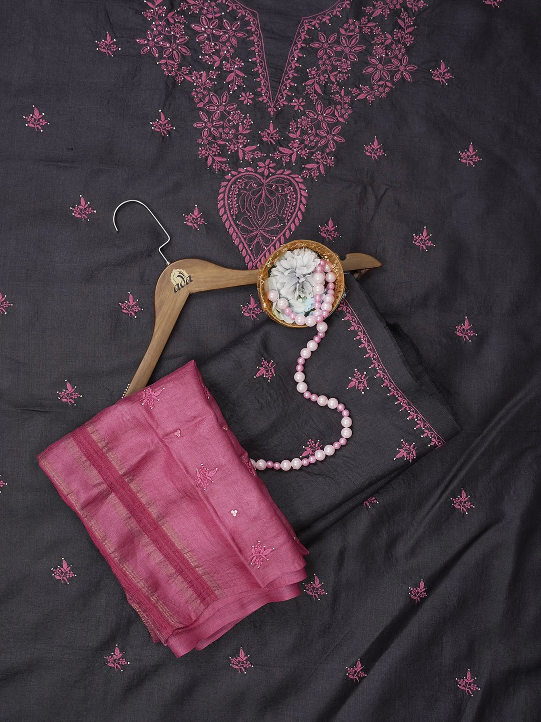 Ada Hand Embroidered Black Silk Lucknowi Chikankari Unstitched Suit Piece with Muqaish Work 01A338932