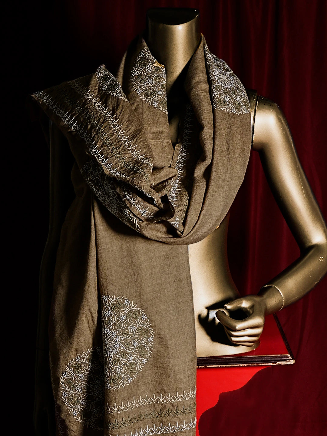 Ada Hand Embroidered Brown Pashmina Lucknowi Chikankari Shawl 01A536068