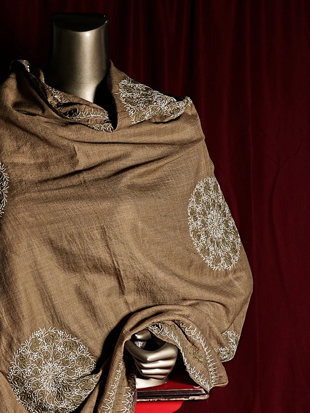 Ada Hand Embroidered Brown Pashmina Lucknowi Chikankari Shawl 01A536068