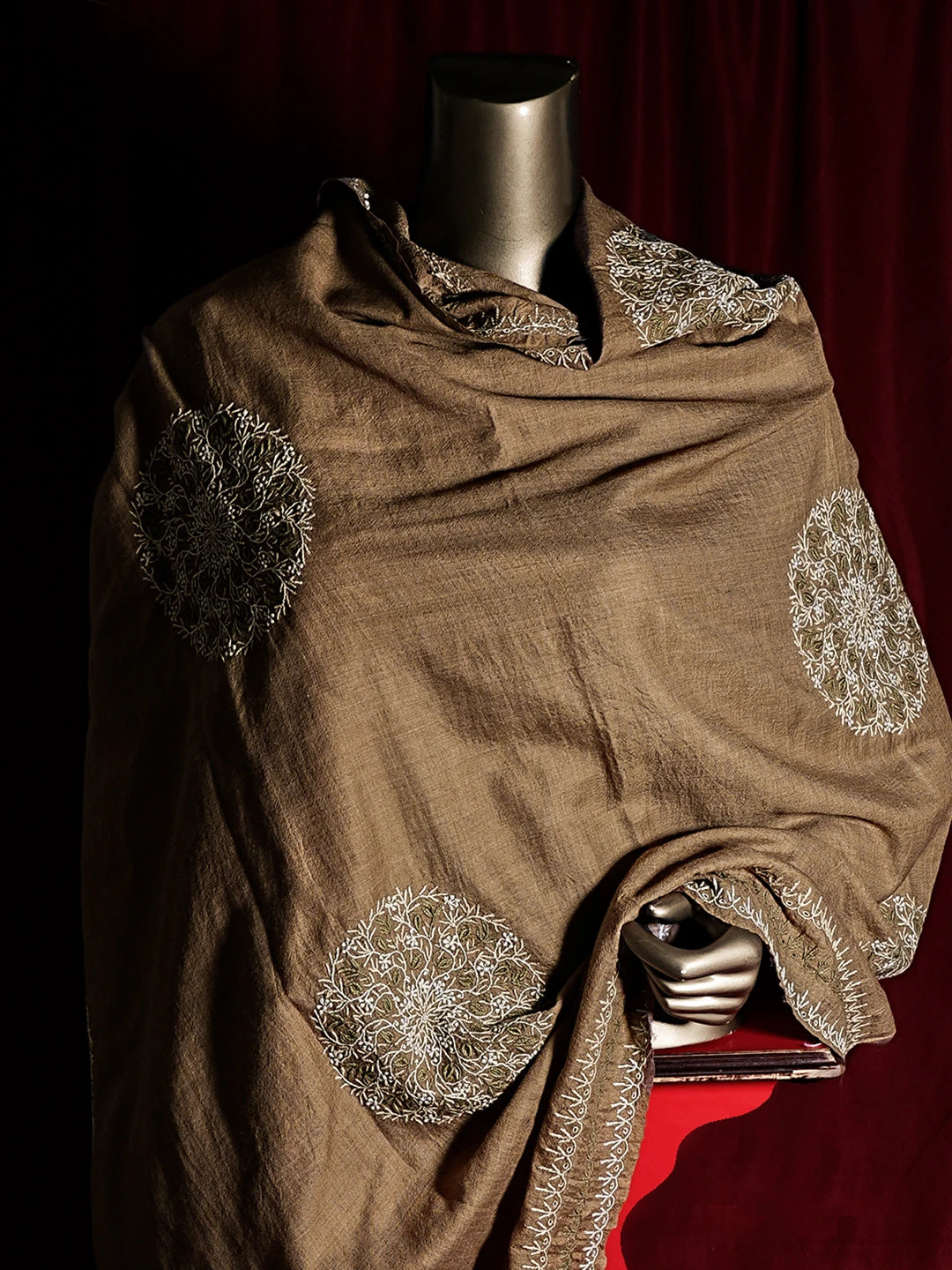 Ada Hand Embroidered Brown Pashmina Lucknowi Chikankari Shawl 01A536068