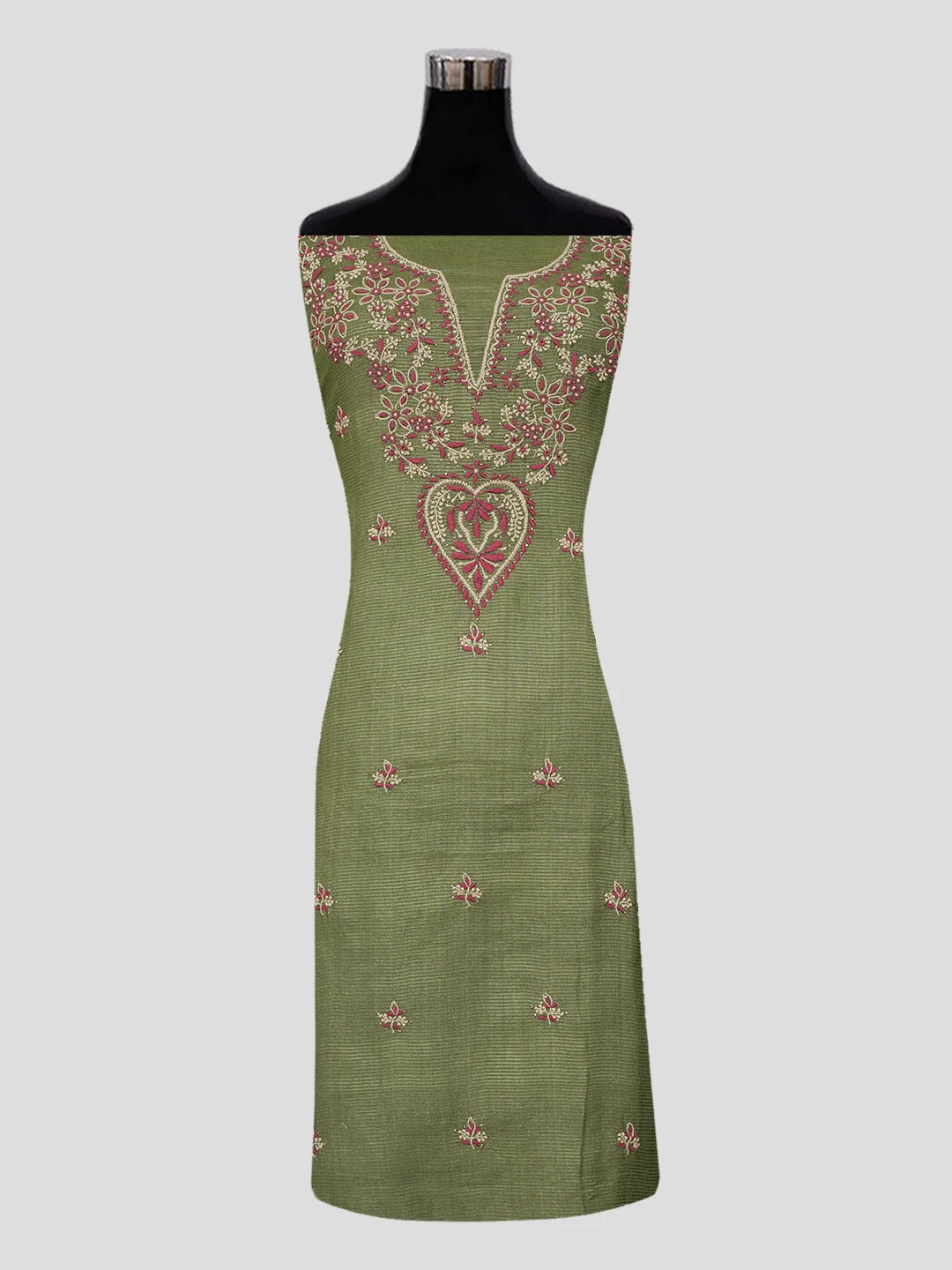 Ada Hand Embroidered Mehandi Green Silk Lucknowi Chikankari Unstitched Suit Piece With Muqaish Work 01A437469