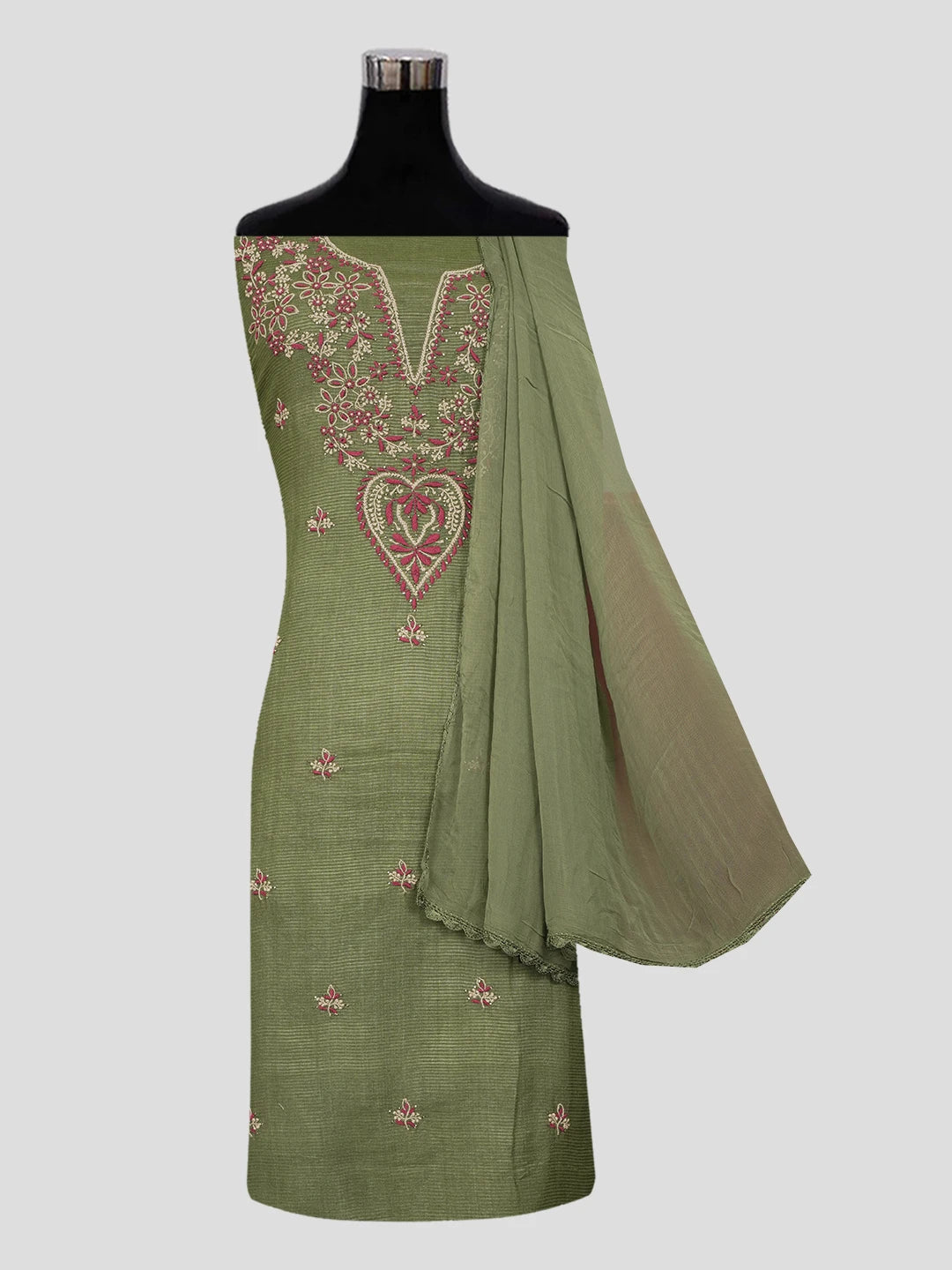 Ada Hand Embroidered Mehandi Green Silk Lucknowi Chikankari Unstitched Suit Piece With Muqaish Work 01A437469