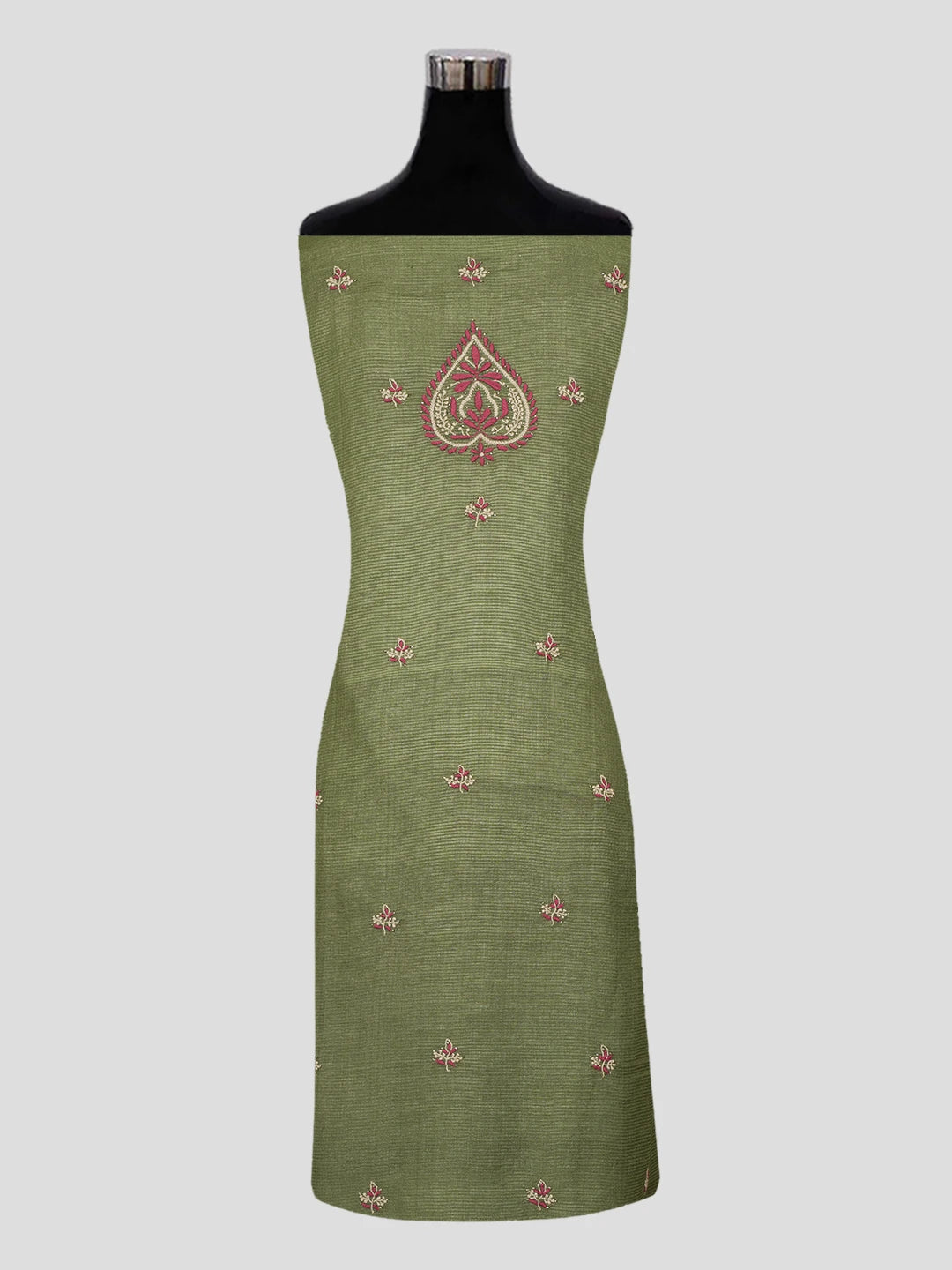 Ada Hand Embroidered Mehandi Green Silk Lucknowi Chikankari Unstitched Suit Piece With Muqaish Work 01A437469