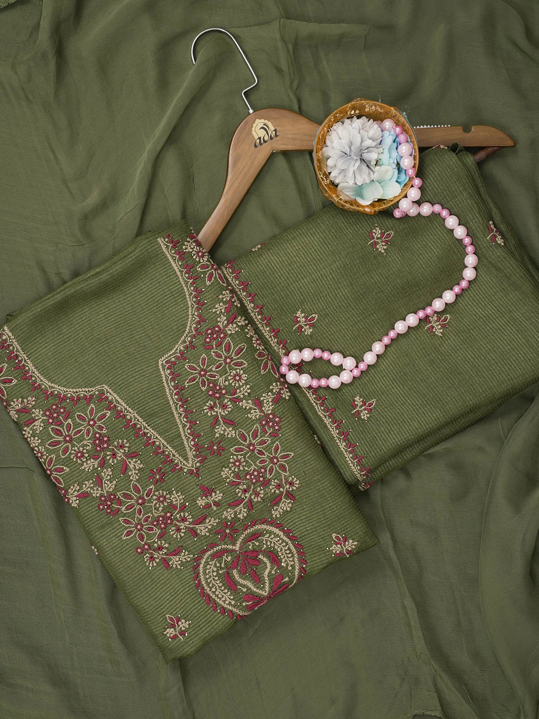 Ada Hand Embroidered Mehandi Green Silk Lucknowi Chikankari Unstitched Suit Piece With Muqaish Work 01A437469