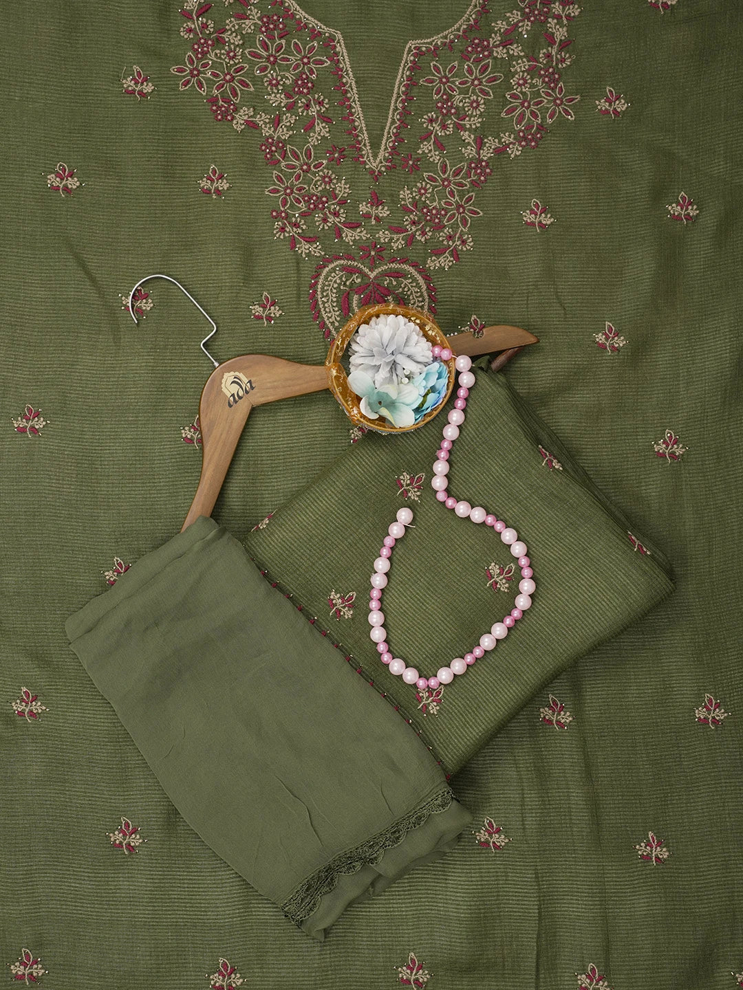 Ada Hand Embroidered Mehandi Green Silk Lucknowi Chikankari Unstitched Suit Piece With Muqaish Work 01A437469