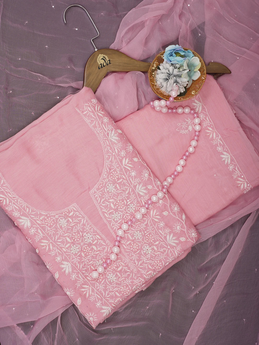Ada Hand Embroidered Pink Muslin Lucknowi Chikankari Unstitched Suit Piece With Sequinned Work 01A488127