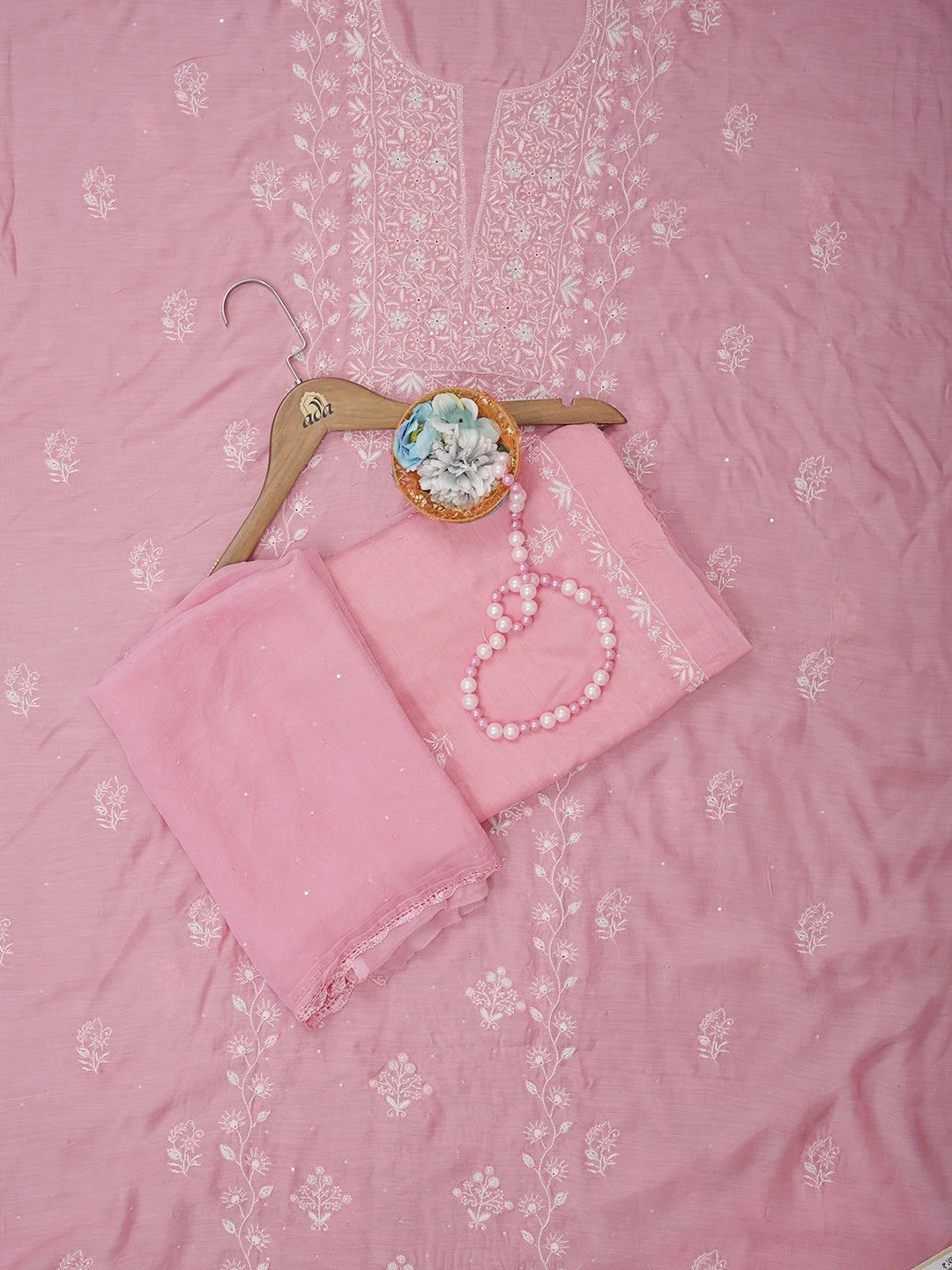 Ada Hand Embroidered Pink Muslin Lucknowi Chikankari Unstitched Suit Piece With Sequinned Work 01A488127