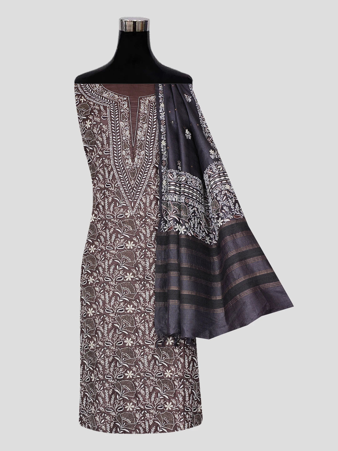 Ada Hand Embroidered Brown Tussar silk Lucknowi Chikankari Unstitched Suit Piece With Cutdana Work 01A339003