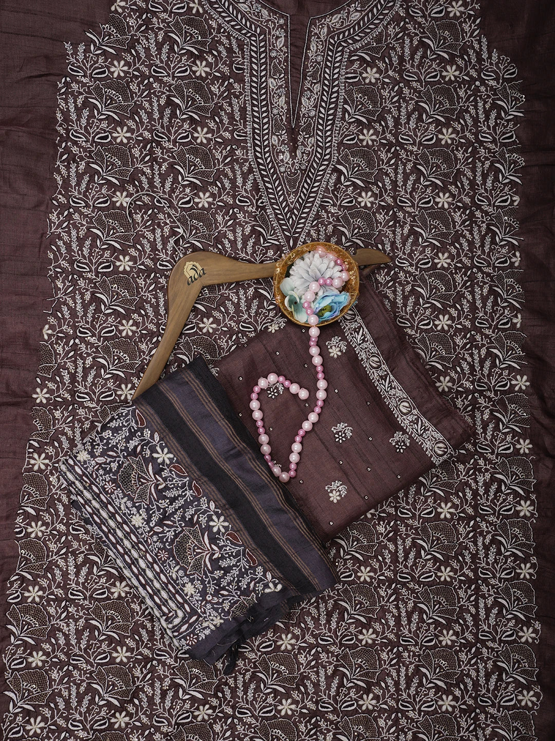 Ada Hand Embroidered Brown Tussar silk Lucknowi Chikankari Unstitched Suit Piece With Cutdana Work 01A339003
