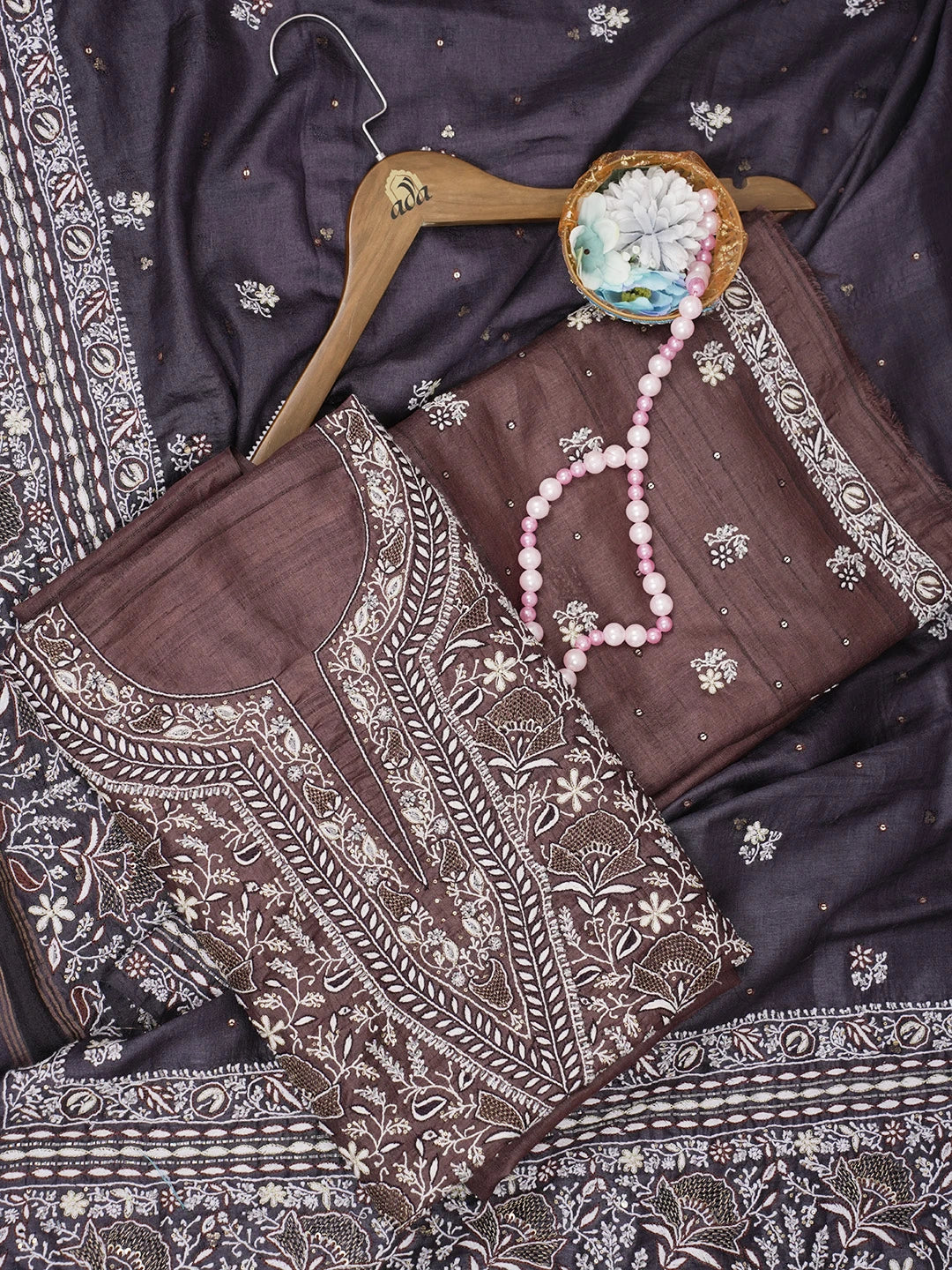Ada Hand Embroidered Brown Tussar silk Lucknowi Chikankari Unstitched Suit Piece With Cutdana Work 01A339003