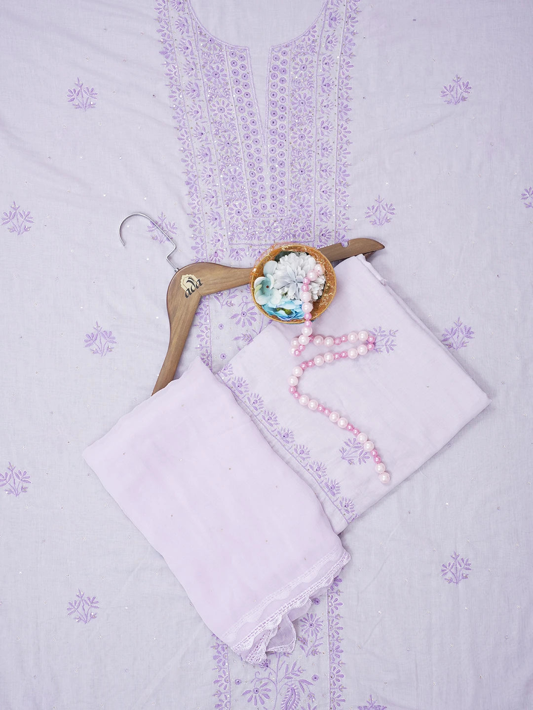 Ada Hand Embroidered Mauve Cotton Lucknowi Chikankari Unstitched Suit Piece with Sequinned Work 01A409530