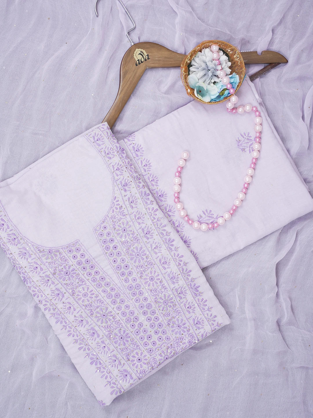 Ada Hand Embroidered Mauve Cotton Lucknowi Chikankari Unstitched Suit Piece with Sequinned Work 01A409530
