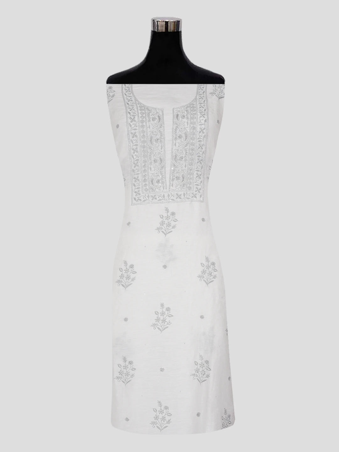 Ada Hand Embroidered White Chanderi Lucknowi Chikankari Unstitched Suit Piece with Pearl Work 01A502499