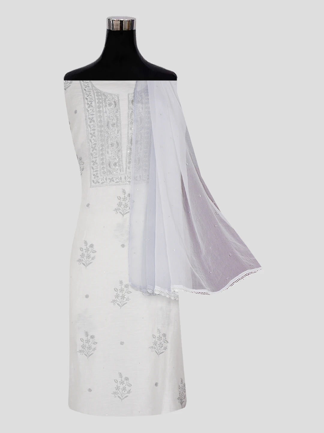 Ada Hand Embroidered White Chanderi Lucknowi Chikankari Unstitched Suit Piece with Pearl Work 01A502499