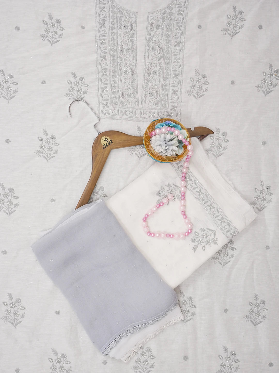 Ada Hand Embroidered White Chanderi Lucknowi Chikankari Unstitched Suit Piece with Pearl Work 01A502499