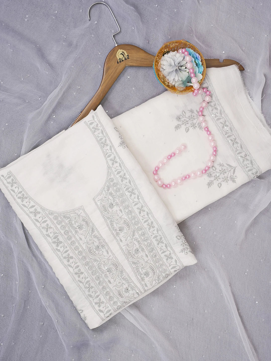 Ada Hand Embroidered White Chanderi Lucknowi Chikankari Unstitched Suit Piece with Pearl Work 01A502499