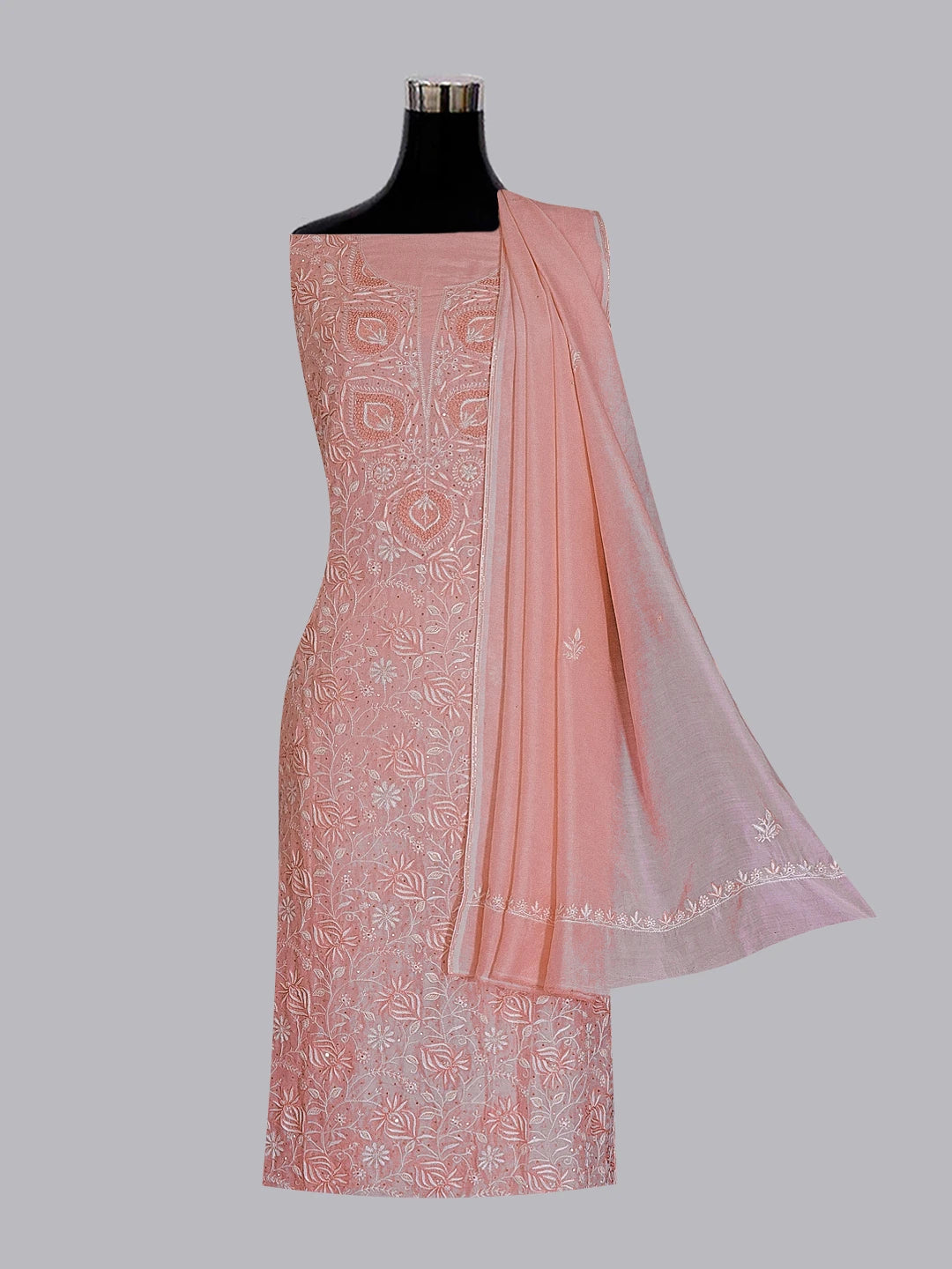Ada Hand Embroidered Peach Muslin Lucknowi Chikankari Unstitched Kurta Dupatta Set With Pearl Work 01A512293