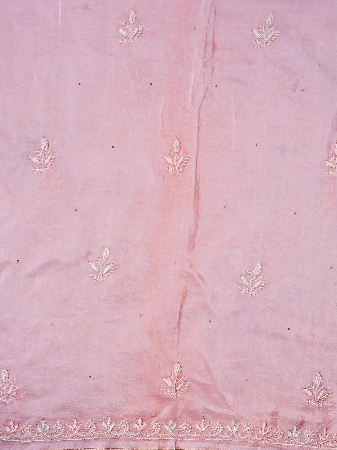 Ada Hand Embroidered Peach Muslin Lucknowi Chikankari Unstitched Kurta Dupatta Set With Pearl Work 01A512293