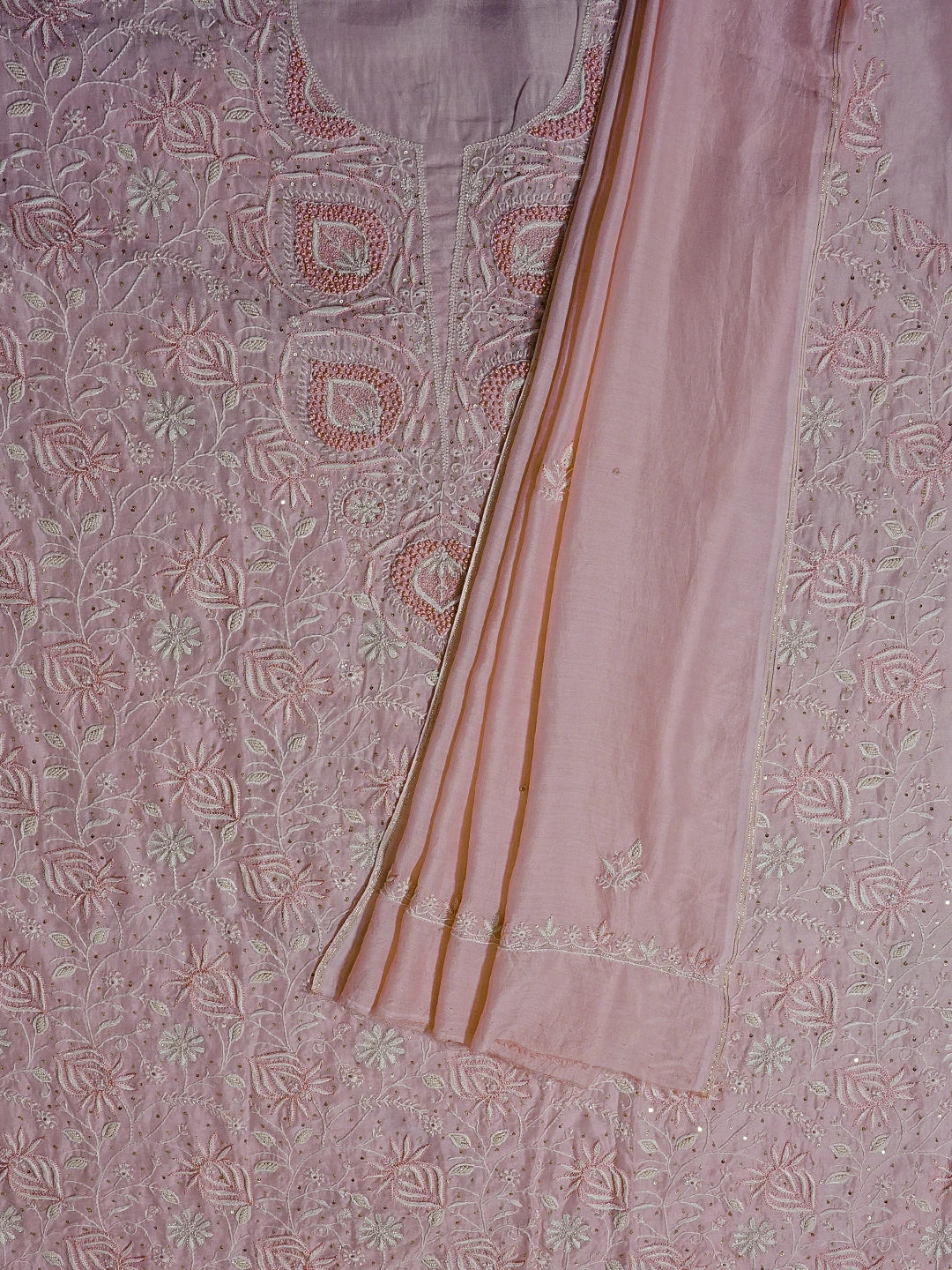 Ada Hand Embroidered Peach Muslin Lucknowi Chikankari Unstitched Kurta Dupatta Set With Pearl Work 01A512293