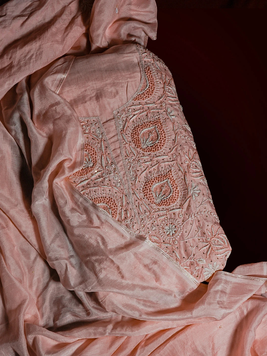 Ada Hand Embroidered Peach Muslin Lucknowi Chikankari Unstitched Kurta Dupatta Set With Pearl Work 01A512293