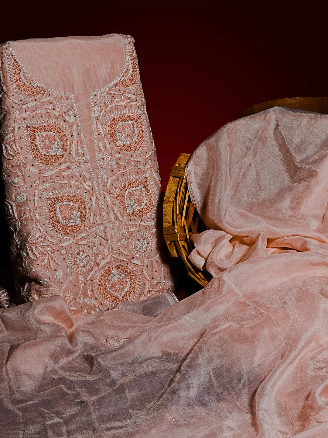 Ada Hand Embroidered Peach Muslin Lucknowi Chikankari Unstitched Kurta Dupatta Set With Pearl Work 01A512293