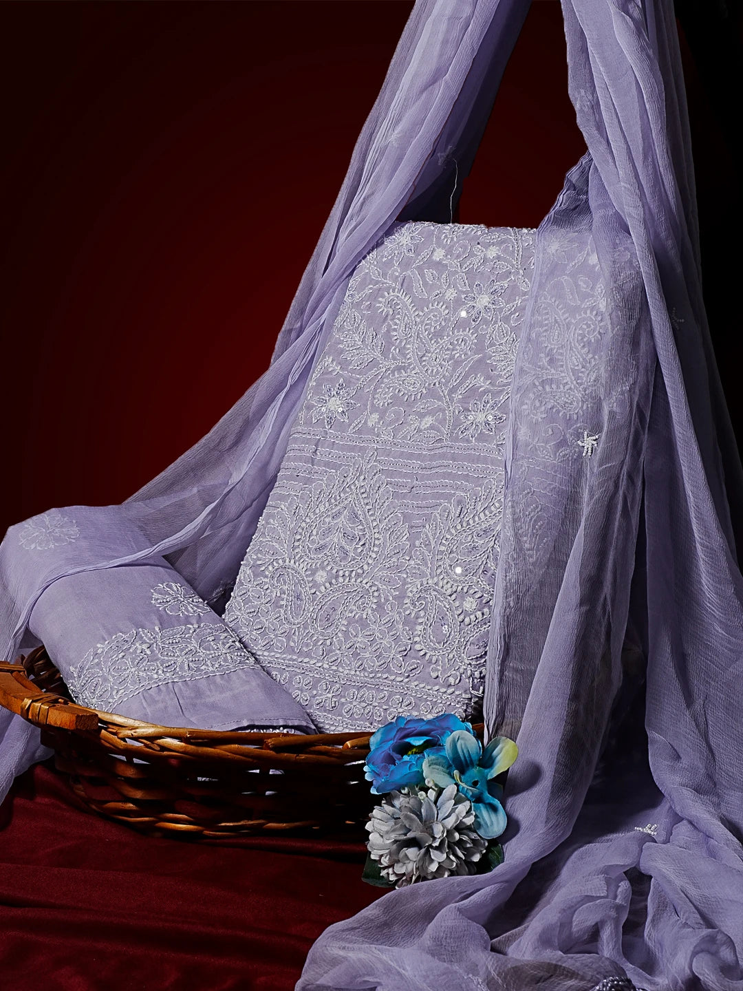 Ada Hand Embroidered Mauve  Cotton Lucknowi Chikankari Unstitched Suit Piece 01A513678