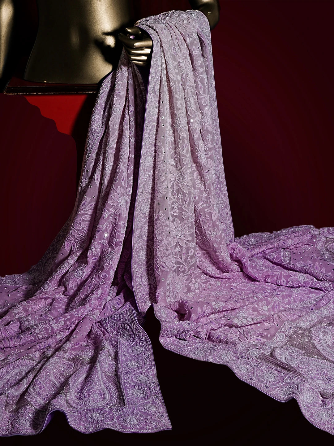 Ada Hand Embroidered Opera Mauve  Pure Georgette Lucknowi Chikankari Dupatta With Cutdana Work 01A77782