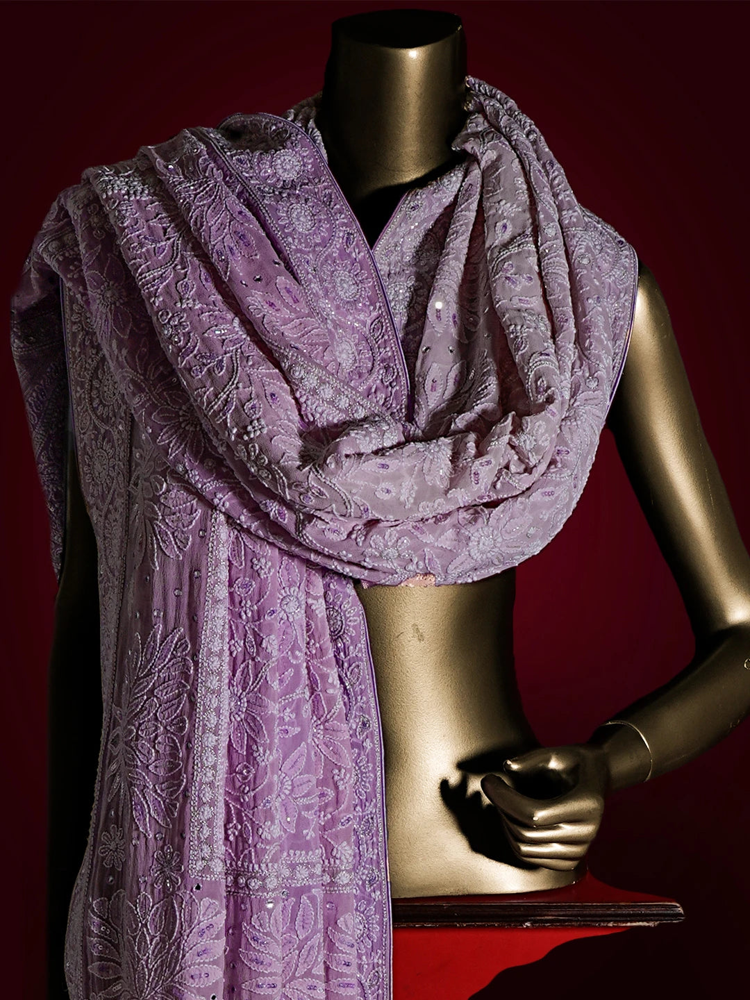 Ada Hand Embroidered Opera Mauve  Pure Georgette Lucknowi Chikankari Dupatta With Cutdana Work 01A77782