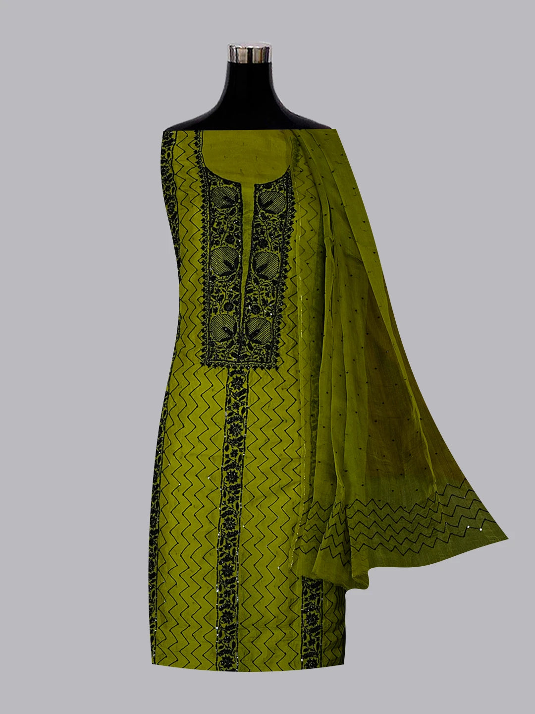 Ada Hand Embroidered Mehendi Green Organza Lucknowi Chikankari Unstitched Kurta Dupatta Set With Cutdana Work  01A525736