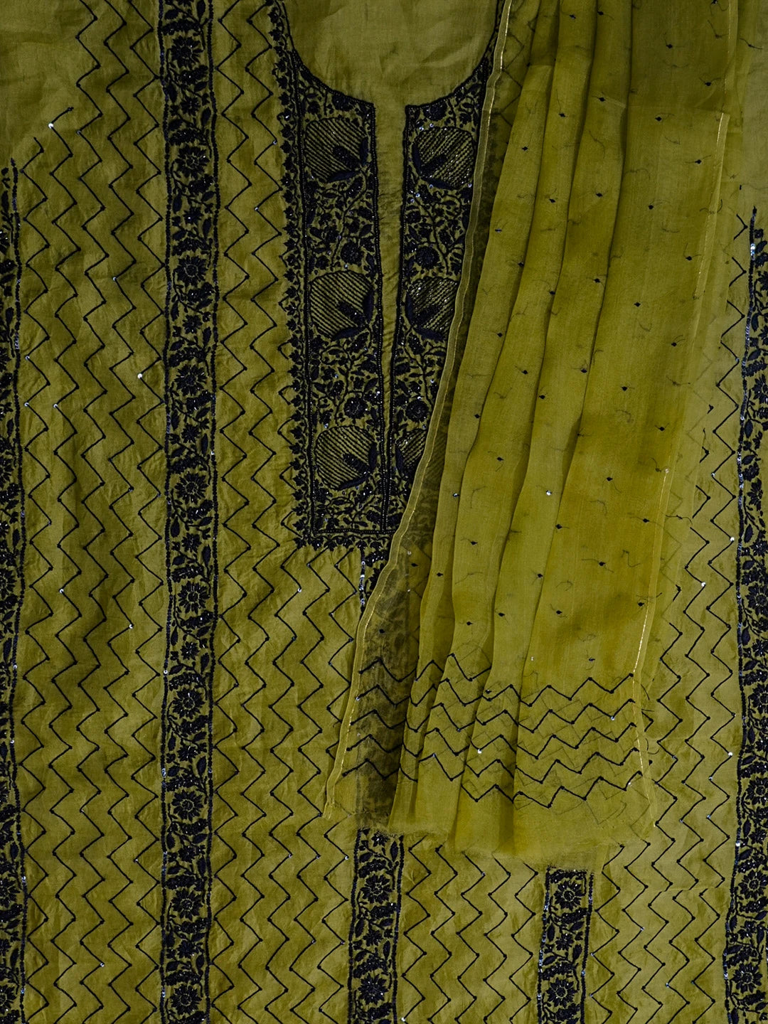 Ada Hand Embroidered Mehendi Green Organza Lucknowi Chikankari Unstitched Kurta Dupatta Set With Cutdana Work  01A525736