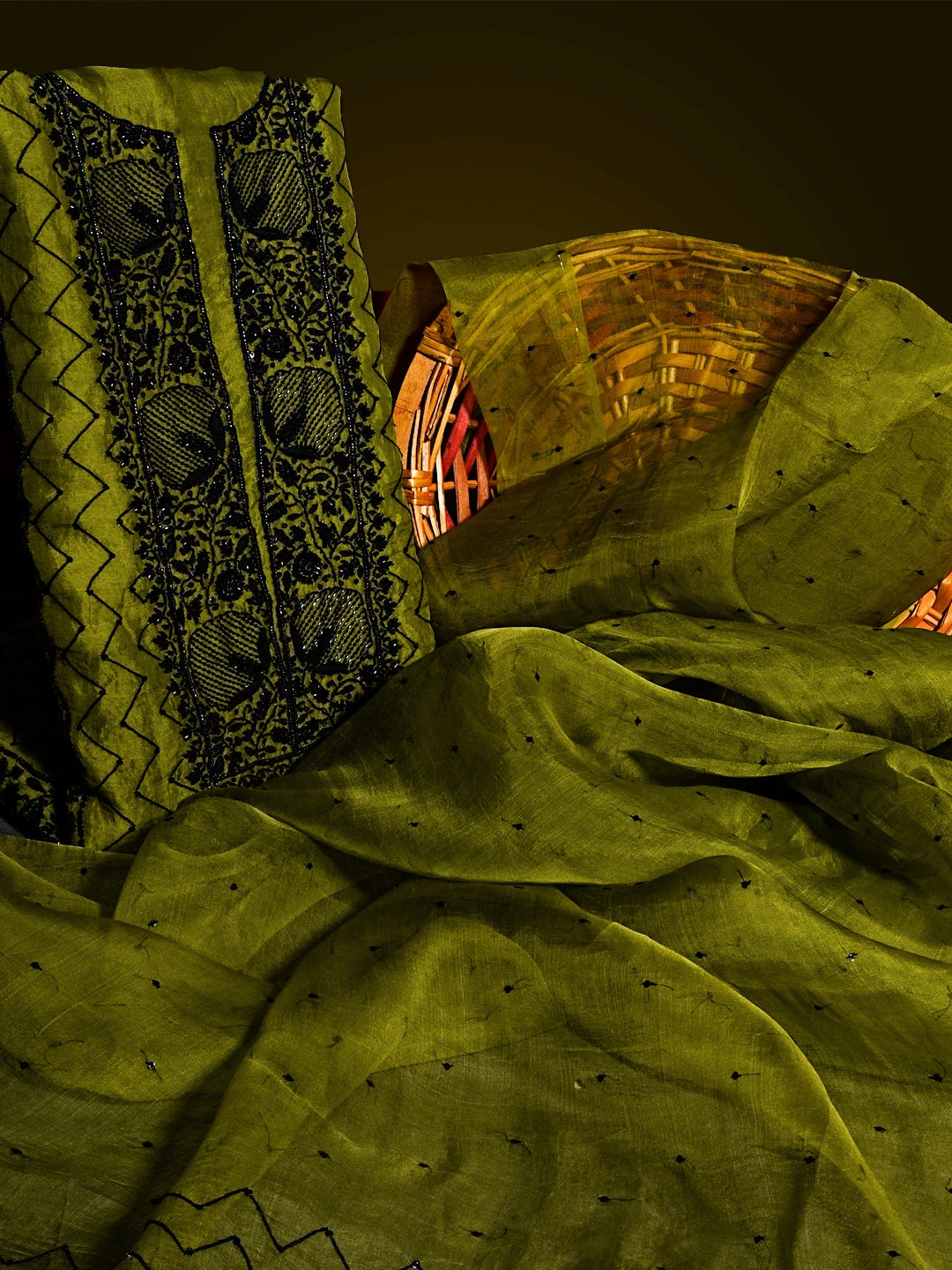 Ada Hand Embroidered Mehendi Green Organza Lucknowi Chikankari Unstitched Kurta Dupatta Set With Cutdana Work  01A525736