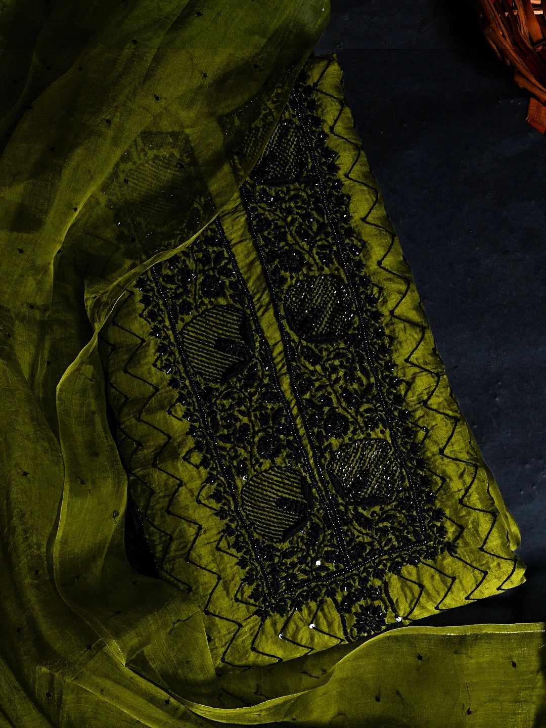 Ada Hand Embroidered Mehendi Green Organza Lucknowi Chikankari Unstitched Kurta Dupatta Set With Cutdana Work  01A525736