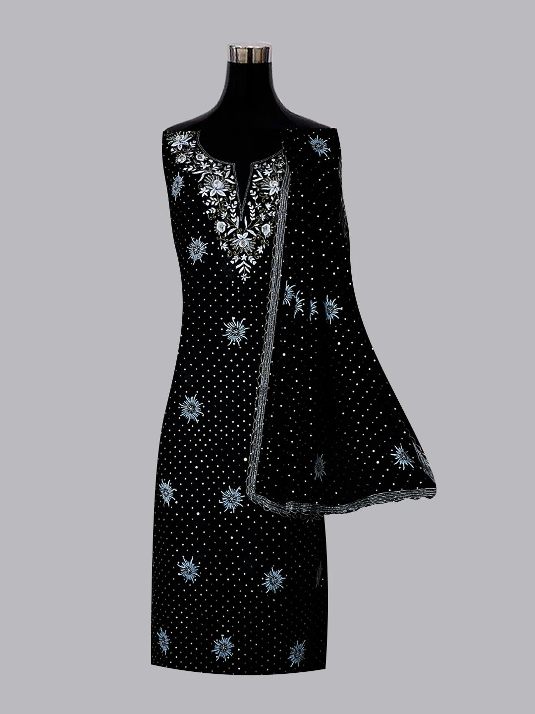 Ada Hand Embroidered Black Pure Georgette Lucknowi Chikankari Unstitched Kurta Dupatta Set With Sequinned Work 01A533910