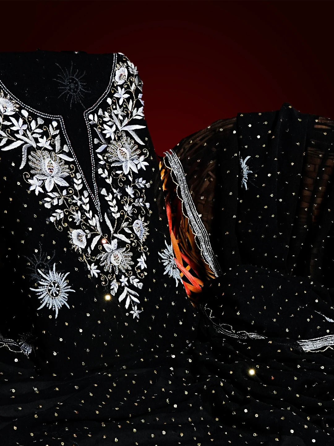 Ada Hand Embroidered Black Pure Georgette Lucknowi Chikankari Unstitched Kurta Dupatta Set With Sequinned Work 01A533910