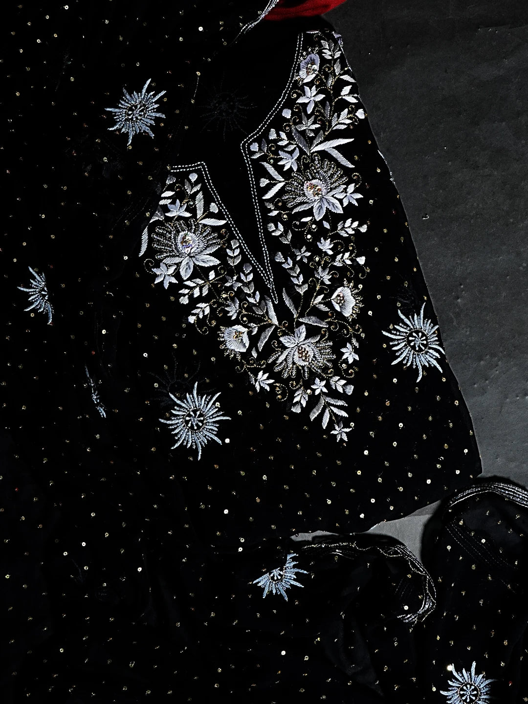Ada Hand Embroidered Black Pure Georgette Lucknowi Chikankari Unstitched Kurta Dupatta Set With Sequinned Work 01A533910